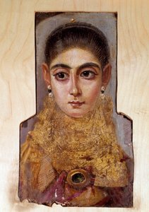 Koptské umění: mladá žena jménem Fayoum (Fayum) (kolem roku 160 n. l.) Malování voskem na dřevo. Paříž, muzeum Louvre