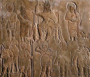 Reliéf zobrazující zbožštěného římského císaře přijímajícího poctu od egyptských nomádů od Coptic
