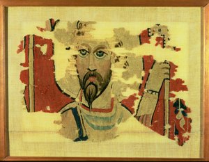 Tkaný závěs zobrazující hlavu svatého Theodora, z Akhmimu, Egypt, cca 500-600 (vlněná tapisérie)