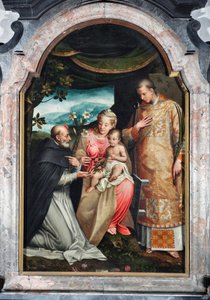 Panna a dítě mezi svatým Vincentem Ferrierem (1350-1419) a svatým Vincentem ze Zaragozy (4. století) (Panna s dítětem s Vincentem ze Zaragozy a Vincentem Ferrerem) Obraz od Coriolana Malagavazza (16. století) 1595 Kaple Elatellani, bazilika od Coriolano Malagavazzo
