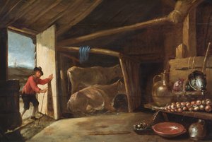 Interiér stodoly s vcházejícím stádem krav a zátiším se zeleninou a měděnými nádobami (olej na desce) od Cornelis (circle of) Saftleven