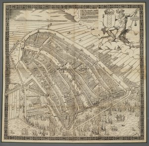 Německy: Die berühmte Handelsstadt Amsterdam
nizozemsky: De vermaerde koopstadt van Amstelredam od Cornelis Anthonisz.