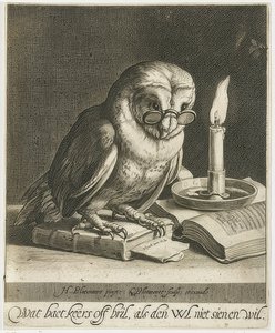 Sova s ​​brýlemi a knihami. Kolem roku 1625