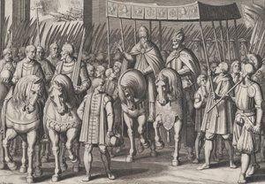 Deska 3: Karel V. korunovaný císařem vstupující do Říma s papežem, z triumfů Karla..., 1614. od Cornelis Boel