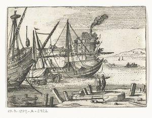 Pohled na přístav se dvěma plachetnicemi a galeonou, dva muži stojící na nábřeží Krajiny a mariňáci (název série) od Cornelis Bol (attributed to)