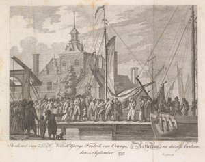 Příjezd zraněného prince Willema George Frederika do Rotterdamu, 1793 Příjezd Z.D.H. Willem George Fredrik van Oranje, v Rotterdamu, po zranění, 15. září 1793 (titul na předmětu) od Cornelis Brouwer