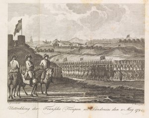 Francouzská vojska opouštějící Landrecy, 1794 Extrakce francouzského Troupen z Landrecies den 11. května 1794 (název na předmětu)