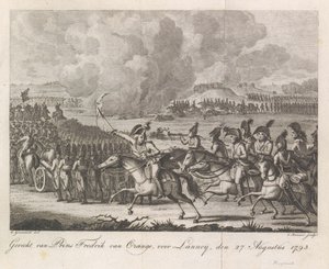Princ William George Frederik v bitvě u Lannoy, 1793 Bitva u prince Fredericka Oranžského, před Lannoyem, 27. srpna 1793 (název na předmětu) od Cornelis Brouwer