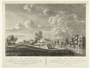 Pruské jednotky útočí na Amstelveen, který 1. října 1787 brání amsterdamští lukostřelci Útok na Amstelveen ... 1. října 1787 (název na objektu) Attaque sur Amstelveen ... le 1er. října 1787 (název na objektu) od Cornelis Brouwer