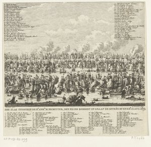 Bitva u Kijkduinu, 1673 Námořní bitva mezi Hr. admin. M. de Ruiter, princ Robbert a hrabě de Estrée od Kykdn. 21. srpna 1673 (název na objektu)
