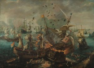 Bitva u Gibraltaru v roce 1607 Exploze španělské vlajkové lodi během bitvy o Gibraltar, 25. dubna 1607