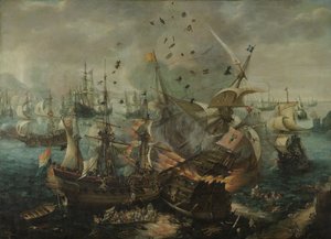 Exploze španělské vlajkové lodi během bitvy o Gibraltar, kolem roku 1621 (olej na plátně)