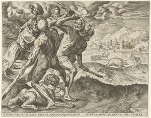 Hercules zabije Geryona a jeho psa Labors of Hercules (název série) od Cornelis Cort