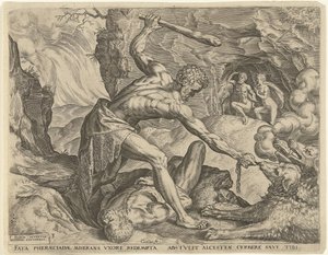 Herkules vytáhne Cerbera z pekla Labors of Hercules (název série) od Cornelis Cort