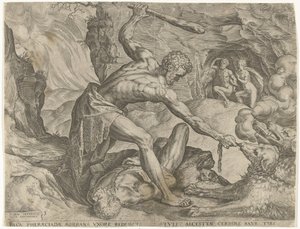 Herkules vytáhne Cerbera z pekla Labors of Hercules (název série) od Cornelis Cort