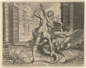 Herkules krade zlatá jablka Hesperidek Labors of Hercules (název série) od Cornelis Cort