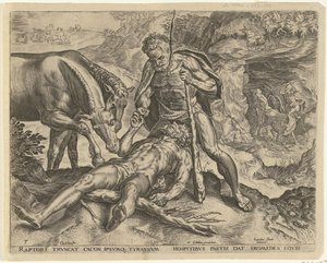 Herkules krmí Diomeda svým koním Labors of Hercules (název série) od Cornelis Cort
