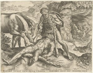 Herkules krmí Diomeda svým koním Labors of Hercules (název série) od Cornelis Cort
