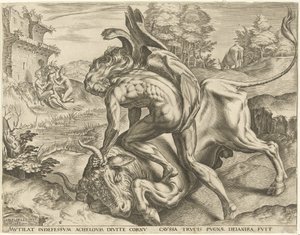 Hercules zápasí s Achelousem Labors of Hercules (název série) od Cornelis Cort