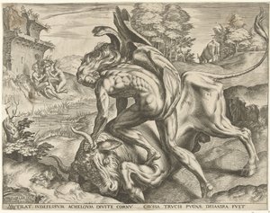 Hercules zápasí s Achelousem Labors of Hercules (název série) od Cornelis Cort