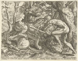 Herkules uškrtí nemejského lva Labors of Hercules (název série) od Cornelis Cort