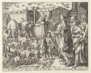 Noe nastoupil do archy se svou rodinou a zvířaty Historie Noaha (název série) od Cornelis Cort
