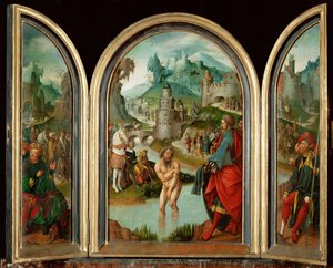 Prorok Elisa uzdravuje syrského kapitána Naemana z malomocenství ve vodách řeky Jordán (malba na dubovém dřevě)