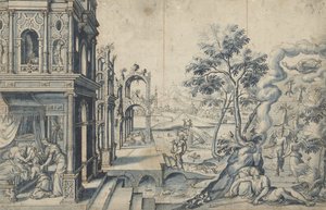 Jákob přijímá Izákovo požehnání; Jakubův žebřík od Cornelis Floris (II)