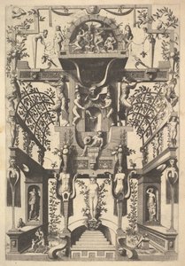 Fantastická architektonická struktura s popruhy a dvěma pergolami a malou scénou s Vu..., 1557.