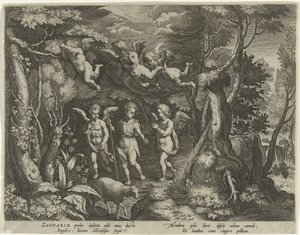 Jana Křtitele doprovázejí andělé, když jde do pouště Život Jana Křtitele (název série) od Cornelis Galle (I)