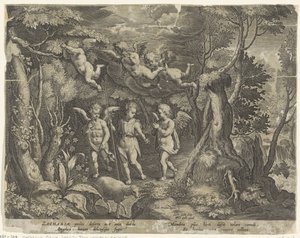 Jana Křtitele doprovázejí andělé, když jde do pouště Život Jana Křtitele (název série) od Cornelis Galle (I)
