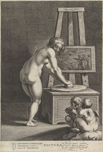 Obraz: alegorie malby, s nahou ženou uprostřed brousící pigmenty, dvě p..., ca. 1610-50.