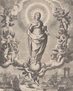 Panna ve slávě, stojící na oblacích a obklopená anděly držícími symboly ..., 1595-1633.