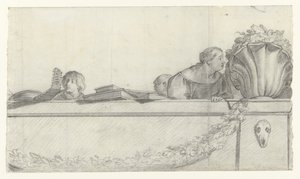 Lidé na balustrádě s girlandami Návrhy nástěnných maleb na zámku Honselaersdijk (název série) od Cornelis Holsteyn