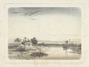Říční krajina s domem a plachetnicí Šest krajin (název série) od Cornelis Jan Bolt