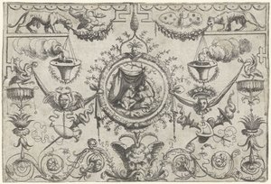 Ornament se třemi postavami klečícími pod látkou od Cornelis Massijs (attributed to)