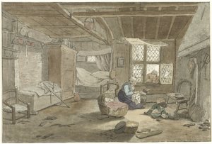 Interiér s ženou v postýlce od Cornelis Ploos van Amstel (signed by artist)