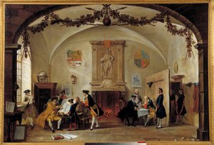 Alegorie války proti Francii Nizozemští vojáci studují strategie během války o španělské dědictví (1701-1714) mezi Francií a Španělskem a koalicí tvořenou Anglií, Nizozemskem a Pruskem. Obraz Cornelis Troost (1697-1750) 1747 The Ha od Cornelis Troost