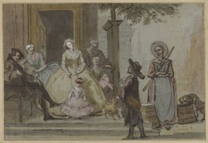 Hurdy přehrávač pro poslouchající rodinu na prahu městského domu od Cornelis Troost