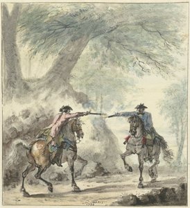 Dva jezdci, kteří se setkávají na lesní cestě a střílejí po sobě od Cornelis Troost