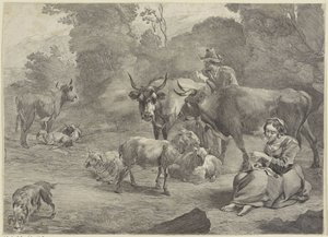 Krajina s pastýřem a šijící pastýřkou od Cornelis Visscher (II)