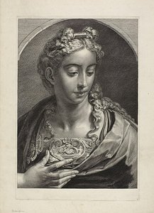 Athena, z Cabinet Reynst; Variarum imaginum a celeberrimis artificibus pictarum Caelaturae (Cabinet Reynst: Rytiny různých obrazů namalovaných slavnými umělci) od Cornelis Visscher