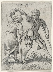 Muž s dřevěnou nohou obracející chromou ženu pod paží, 1572 (rytina na položený papír)