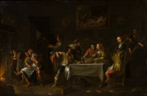 Dámy a pánové hodující kolem stolu, kolem 1612-67 (olej, plátno a papír) od Cornelis de (attr. to) Wael