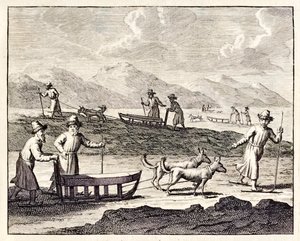 Rusové cestující se psím spřežením na Sibiři.“ z „Voyages de Corneille le Brun“. 1718 od Cornelis de Bruyn