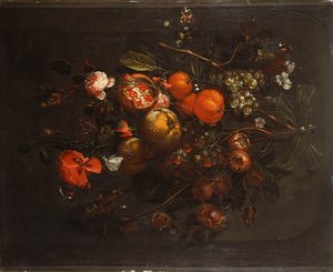 Kytice ovoce a květin visící z hřebíku ve výklenku od Cornelis de Heem