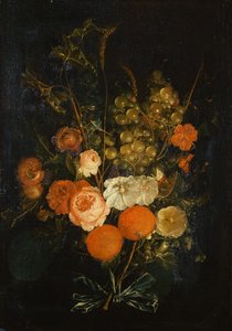 Banda růží, karafiátů, pomerančů, hroznů, žaludů a kaštanů (olej na plátně) od Cornelis de Heem