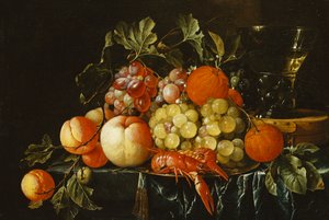Broskve, pomeranče, hrozny a langoše na cínovém talíři a kuželovitý Roemer na krabici na částečně stažené římse, od Cornelis de Heem