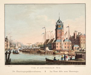 Pohled na Amsterdam č.10. Od Haringspakkerstoren. La Tour dit aux Harengs, 1825 (ručně kolorovaná rytina)