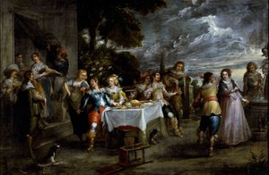 Historie marnotratného syna: disipace. Obraz Cornelis De Wael (1592-1667), cca 1630-1639. vlámské umění. Olej na plátně. Rozměr: 57 x 86 cm. Genes, Privee Collection.